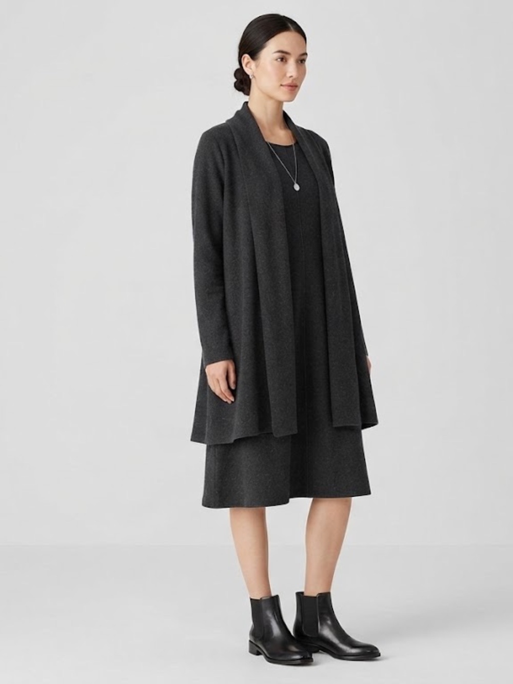 Eileen Fisher Charcoal Wool Long-Sleeve Midi Dress & Coat Set XL Minimal Chic